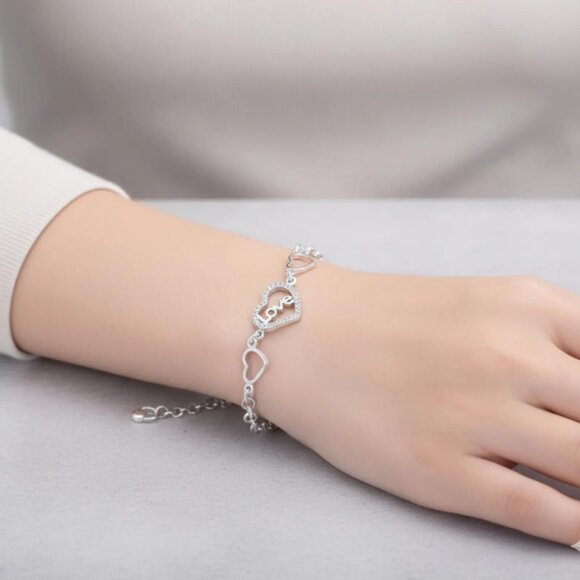 Sterling Silver Heart Bracelet, Geometric Chain, Valentine's Day Gift - Picture 5 of 6